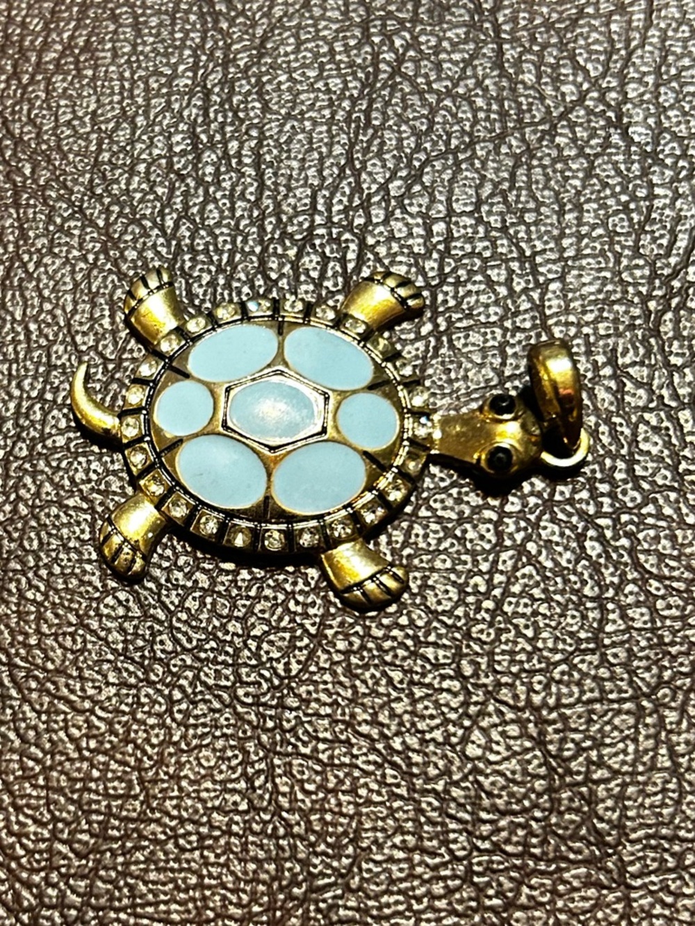 Gold Tone Turtle Pendant with Light Blue Enamel Shell